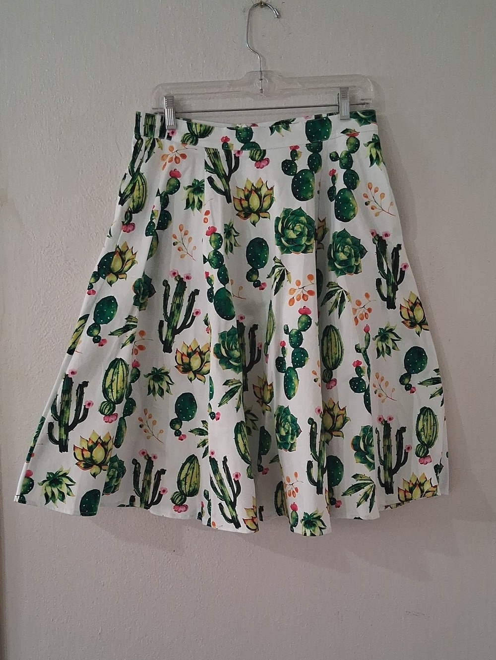 White Cactus Print A-Line Skirt